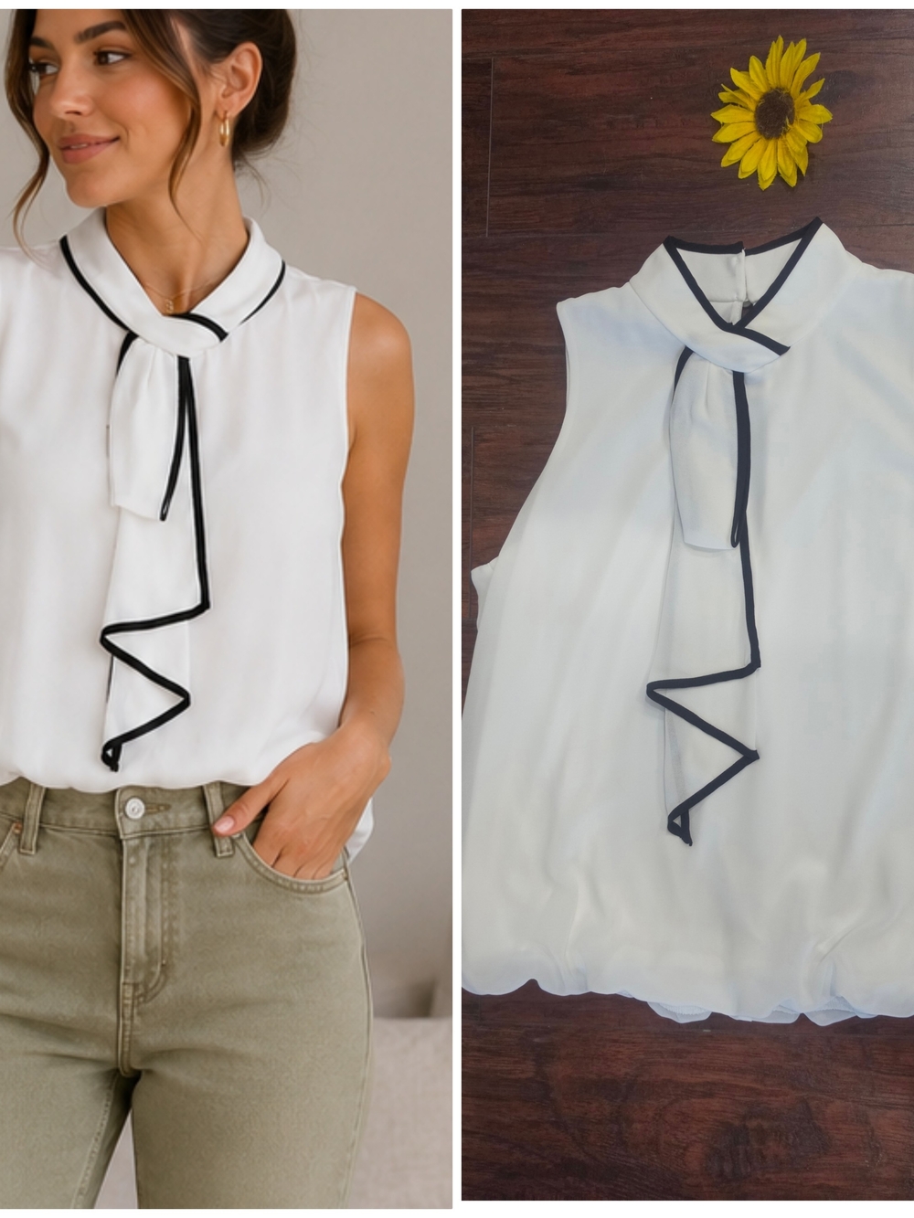 BCX Sleeveless White Tie-Neck Blouse with Black Trim